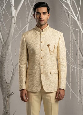 Refined Light Fawn Silk Embroidered Thread Bandhgala Suit