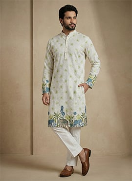 Refined Light Green Cotton Schiffli Work And Digital Print Kurta Pyjama For Men
