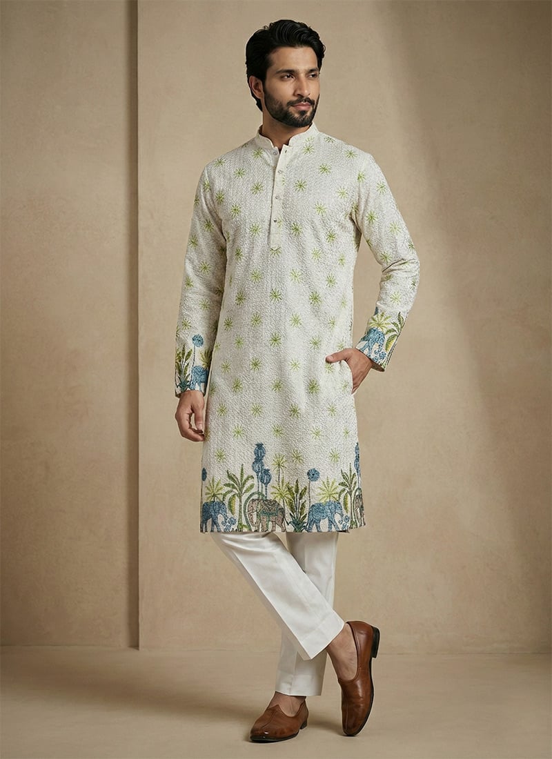 Refined Light Green Cotton Schiffli Work And Digital Print Kurta Pyjama For Men Festive Wear