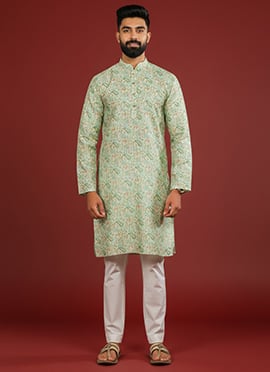 Refined Light Green Silk Printed Kurta Pyjama