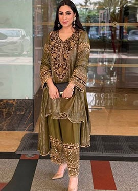 Refined Mahendi Chinon Embroidered Sequins Straight Pant Suit