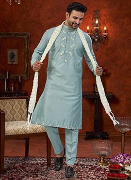 Refined Mint Blue Malai Silk Embroidered Cutdana Thread Kurta Pyjama