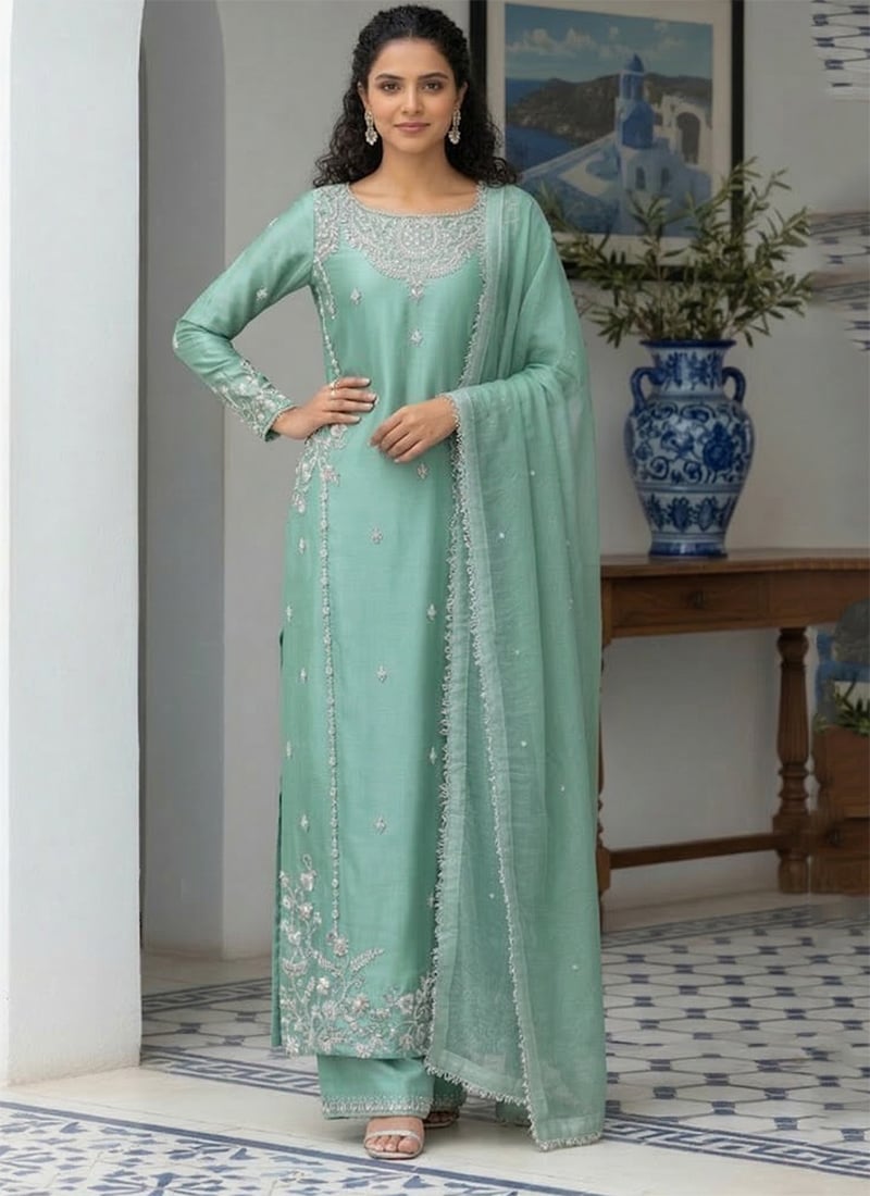 Refined Mint Green Silk Zari Stones Embroidered Straight Pant Suit Festive Wear