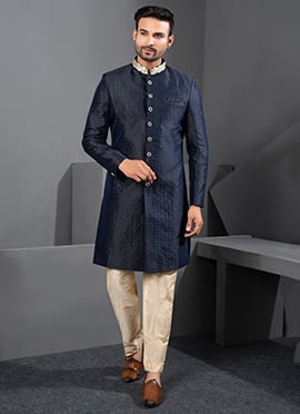 Refined Navy Blue Jacquard Silk Zari Indowestern Sherwani
