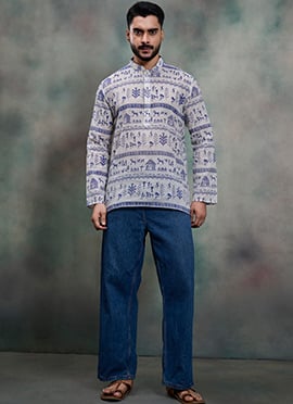 Refined Off White Khadi Cotton Moubani Print Kurta