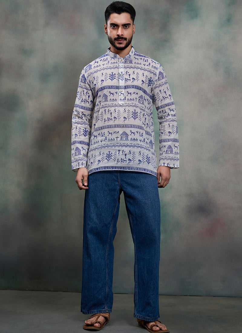 Refined Off White Khadi Cotton Moubani Print Kurta