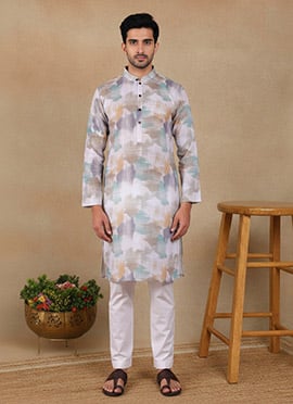 Refined Off White Linen Printed Kurta Pyjama