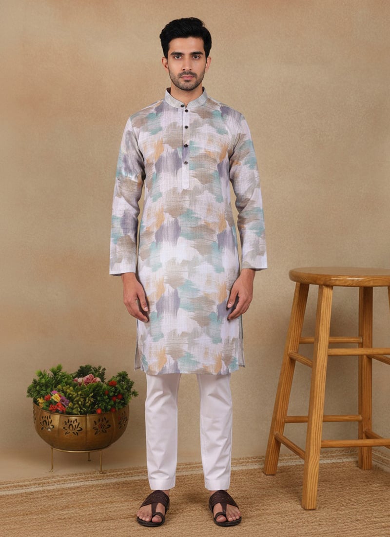 Refined Off White Linen Printed Kurta Pyjama Festive Wear