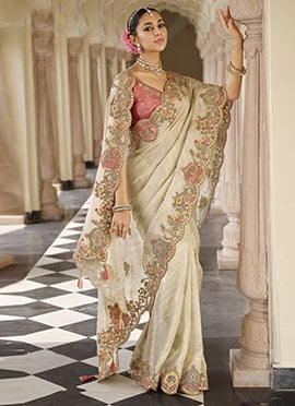 Refined Off White Soft Silk Zari Weaving Heavy Thread Embroidery Khatli Work Saree