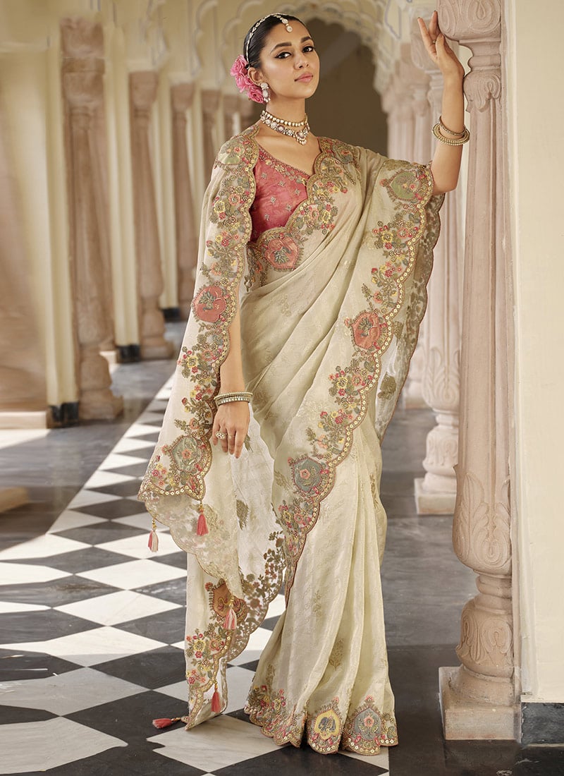 Refined Off White Soft Silk Zari Weaving Heavy Thread Embroidery Khatli Work Saree Wedding Wear