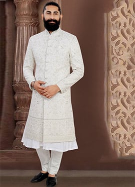 Refined Off White Viscose Sequins Embroidered Thread Indowestern Sherwani