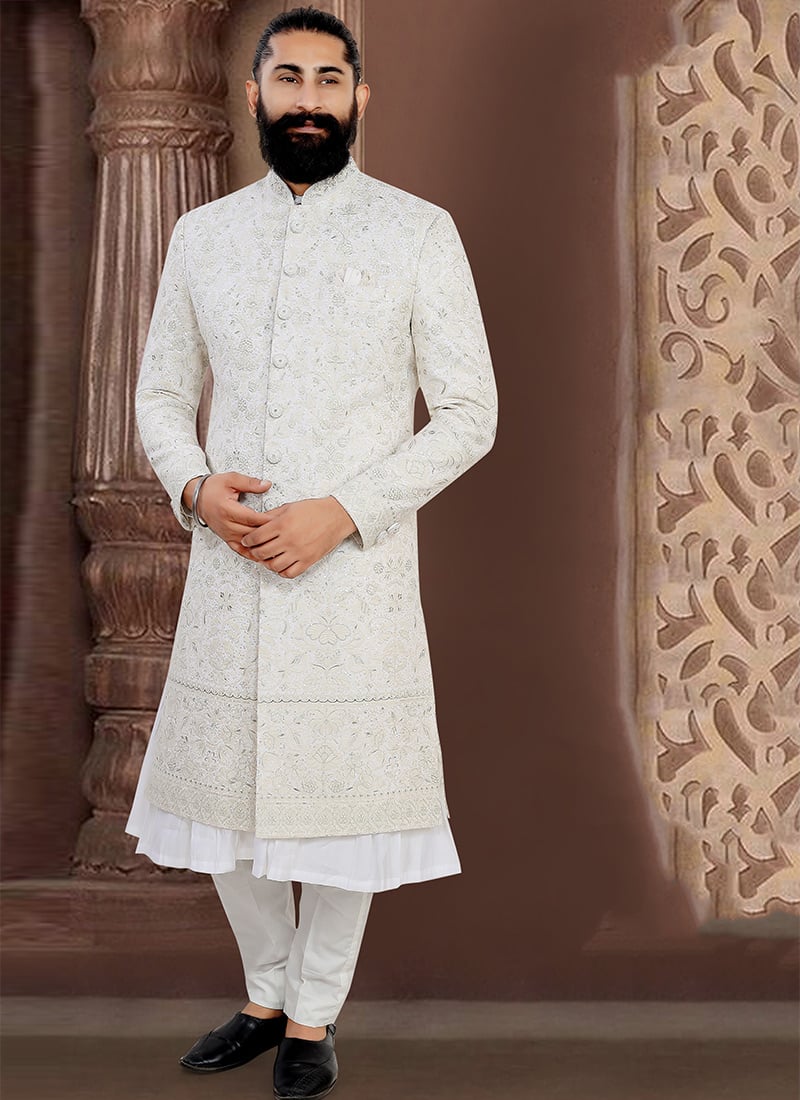 Refined Off White Viscose Sequins Embroidered Thread Indowestern Sherwani Wedding Wear