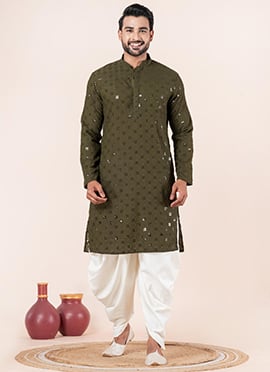 Refined Olive Cotton Silk Embroidered Kurta Pyjama