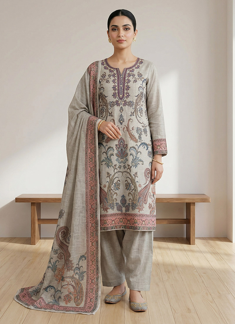 Refined Olive Green Linen Digital Print Straight Pant Suit After Six Wear