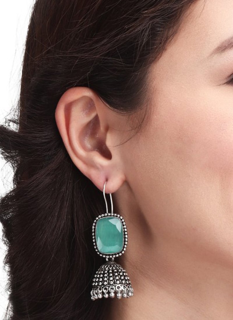 Refined Oxidised Silver Green Cabochon Jhumka Drops Festive Wear