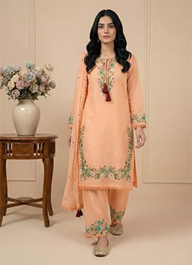 Refined Peach Faux Georgette Embroidered Sequins Straight Pant Suit