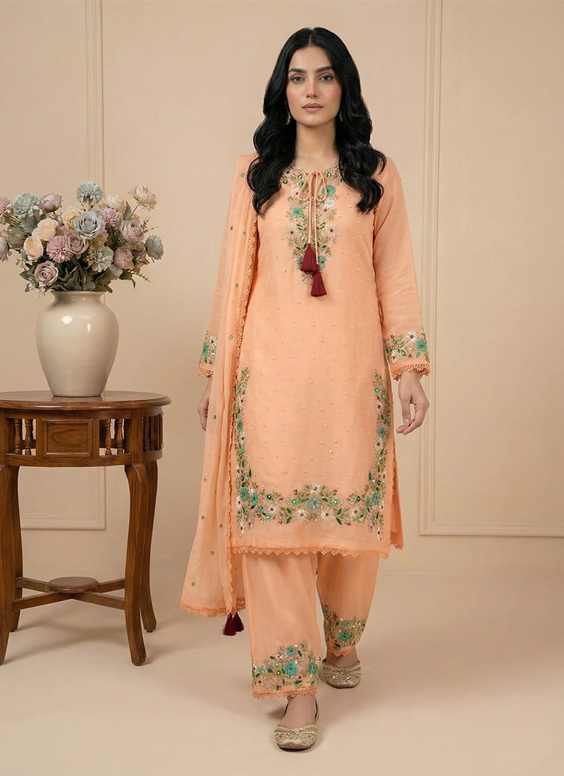 Refined Peach Faux Georgette Embroidered Sequins Straight Pant Suit Festive Wear