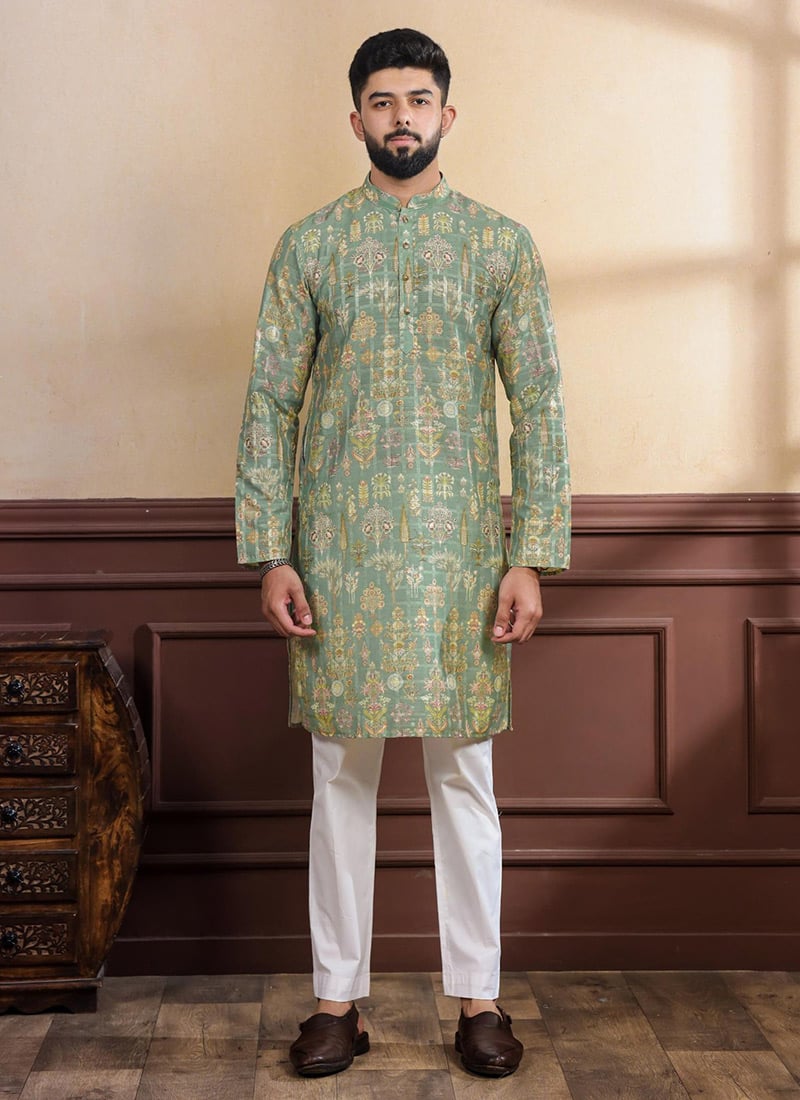Refined Pista Cotton Printed Kurta Pyjama Festive Wear