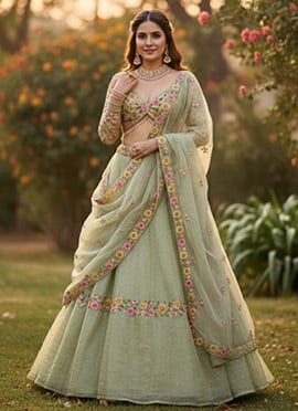Refined Pista Silk Blend Embroidery Beads Work Umbrella Lehenga