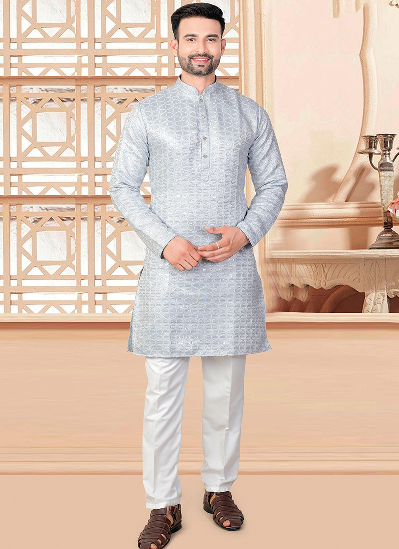 Refined Powder Blue Jacquard Silk Sequins Kurta Pyjama Festive Wear