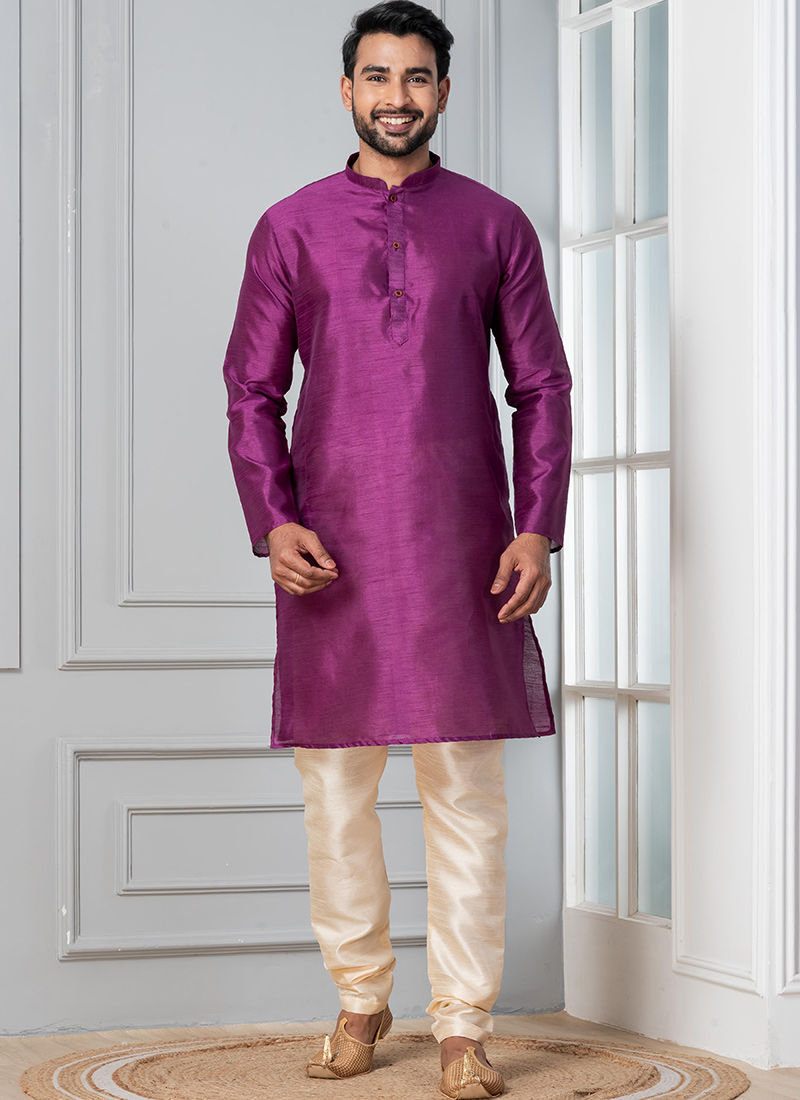 Refined Purple Dupion Silk Plain Kurta Pyjama Festive Wear
