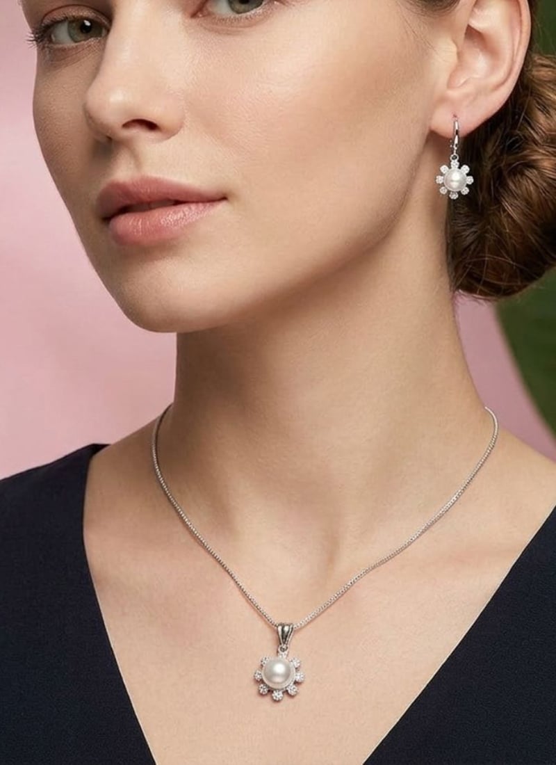 Refined Silver American Diamond Stone Moti Pendant Set Festive Wear