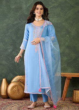 Refined Sky Viscose Silk Embroidered Straight Pant Suit