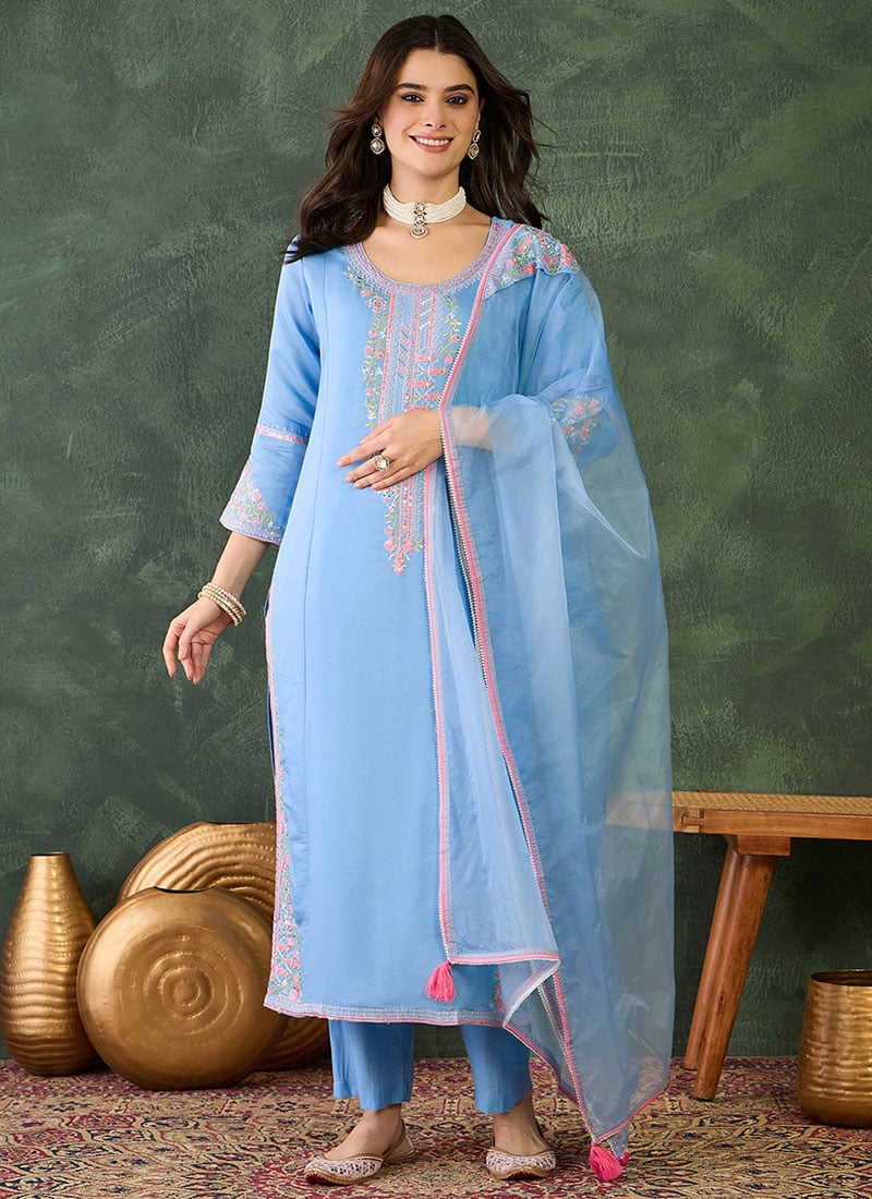 Refined Sky Viscose Silk Embroidered Straight Pant Suit After Six Wear