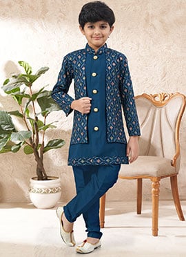 Refined Teal Blue Malai Silk Zari Stone Work Kids Boys Indowestern Sherwani