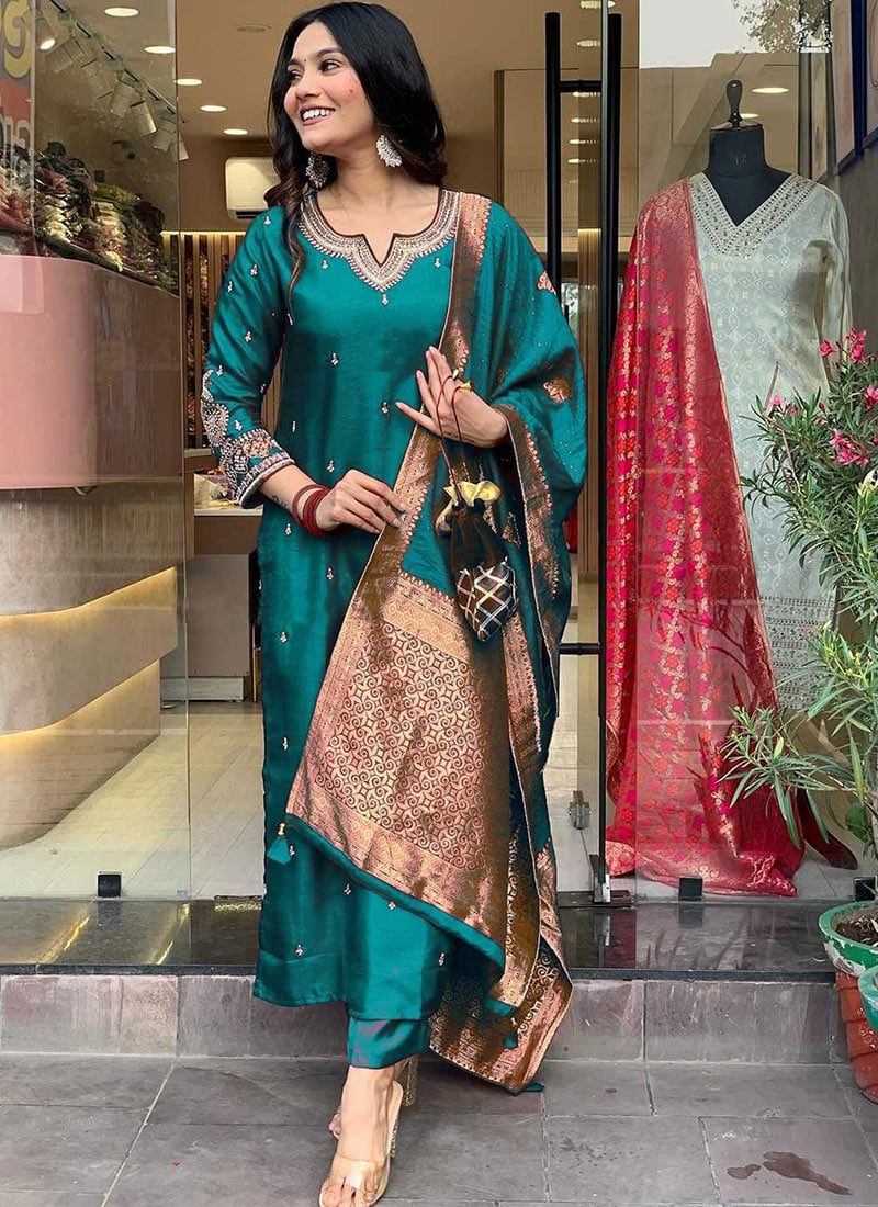 Refined Teal Cotton Embroidered Straight Pant Suit Festive Wear