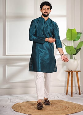 Refined Teal Silk Woven Designer Kurta Pyjama