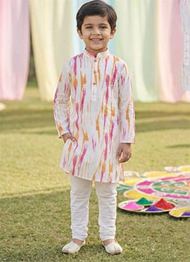 Refined White Cotton Digital Print Kids Boys Kurta Pyjama
