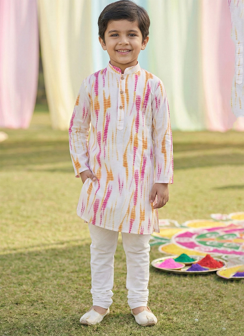 Refined White Cotton Digital Print Kids Boys Kurta Pyjama Festive Wear