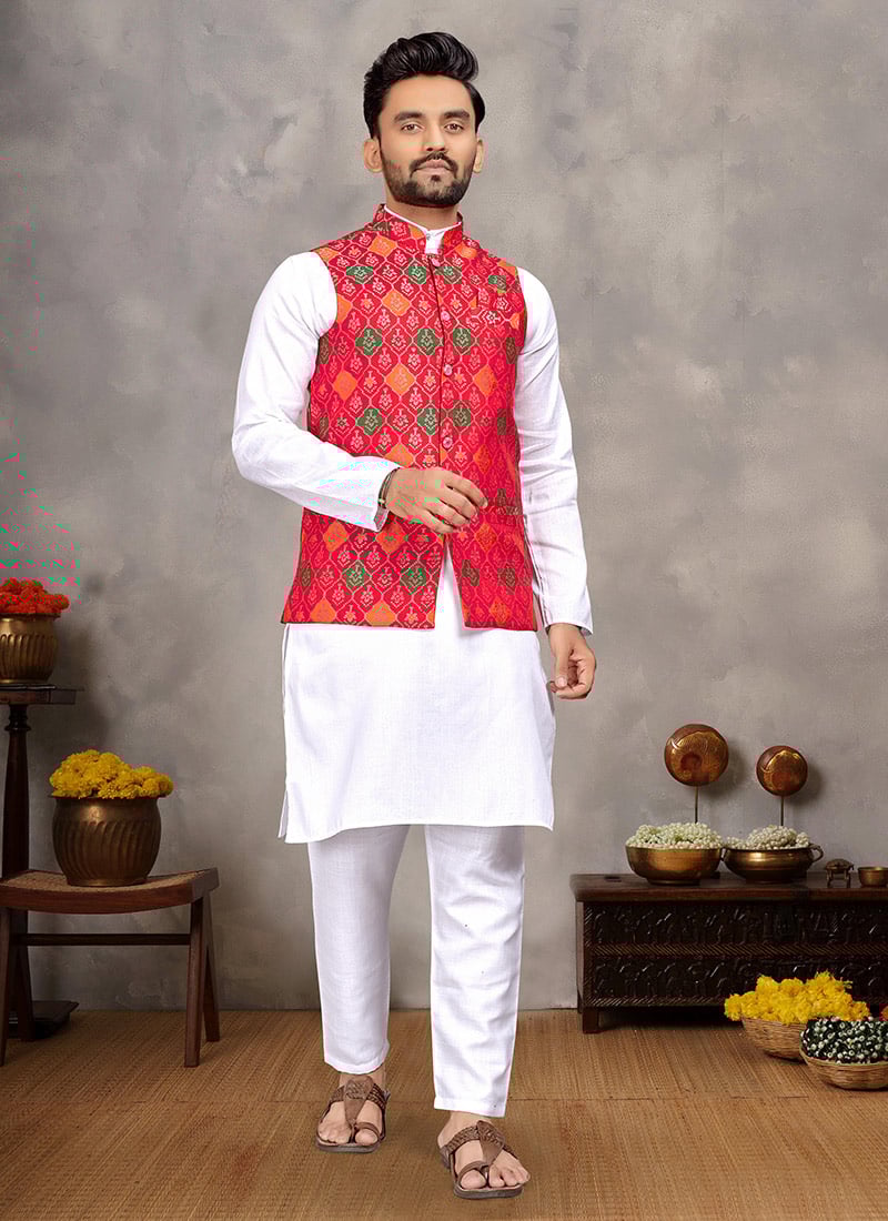 Refined White Cotton Jacquard Bandi Set Festive Wear