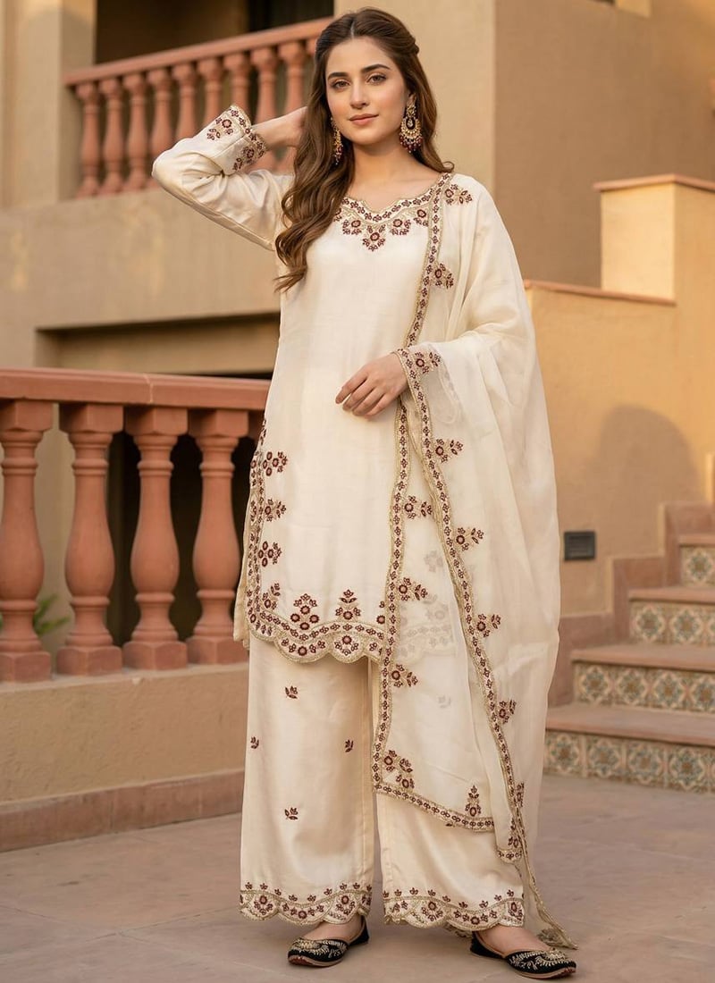 Refined White Satin Blend Embroidered Sequins Palazzo Suit After Six Wear