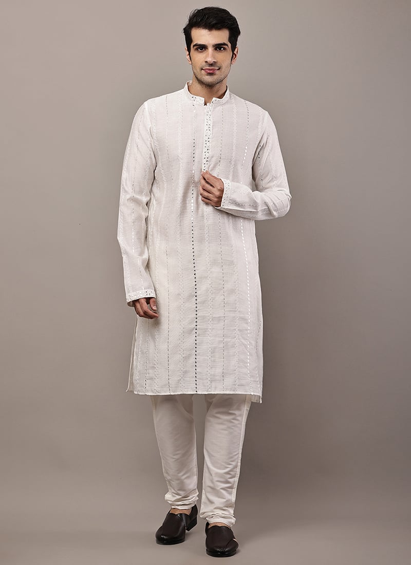 Refined White Viscose Silk Embroidered Sequins Kurta Pyjama Festive Wear