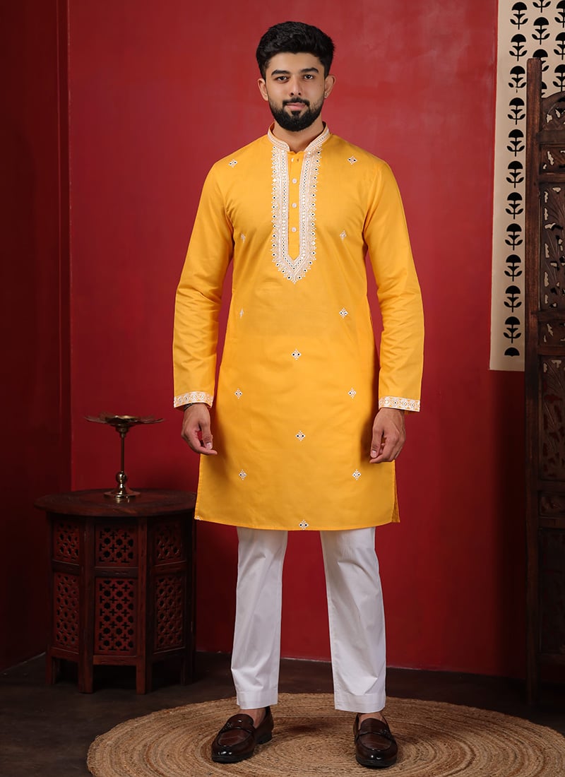 Refined Yellow Cotton Embroidered Kurta Pyjama Festive Wear
