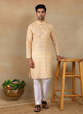 Refined Yellow Linen Printed Kurta Pyjama