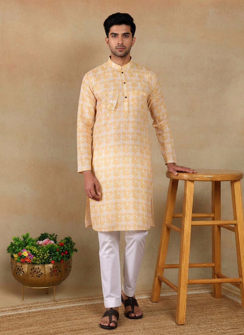 Refined Yellow Linen Printed Kurta Pyjama Festive Wear