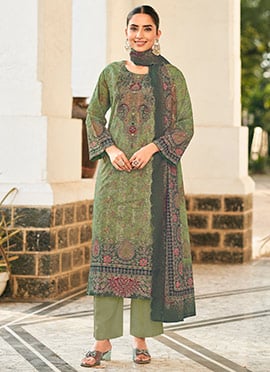 Refreshing Green Lawn Cotton Digital Print Straight Pant Suit