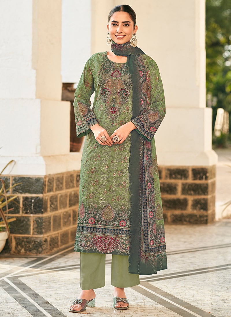 Refreshing Green Lawn Cotton Digital Print Straight Pant Suit After Six Wear