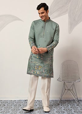 Refreshing Green Viscose Silk Embroidered Sequins Thread Kurta
