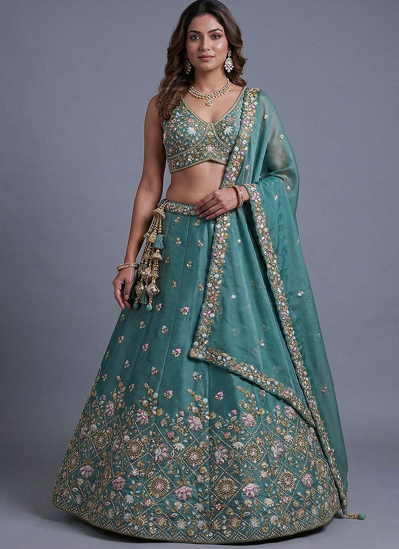 Refreshing Sea Green Tissue Embroidered Umbrella Lehenga Wedding Wear