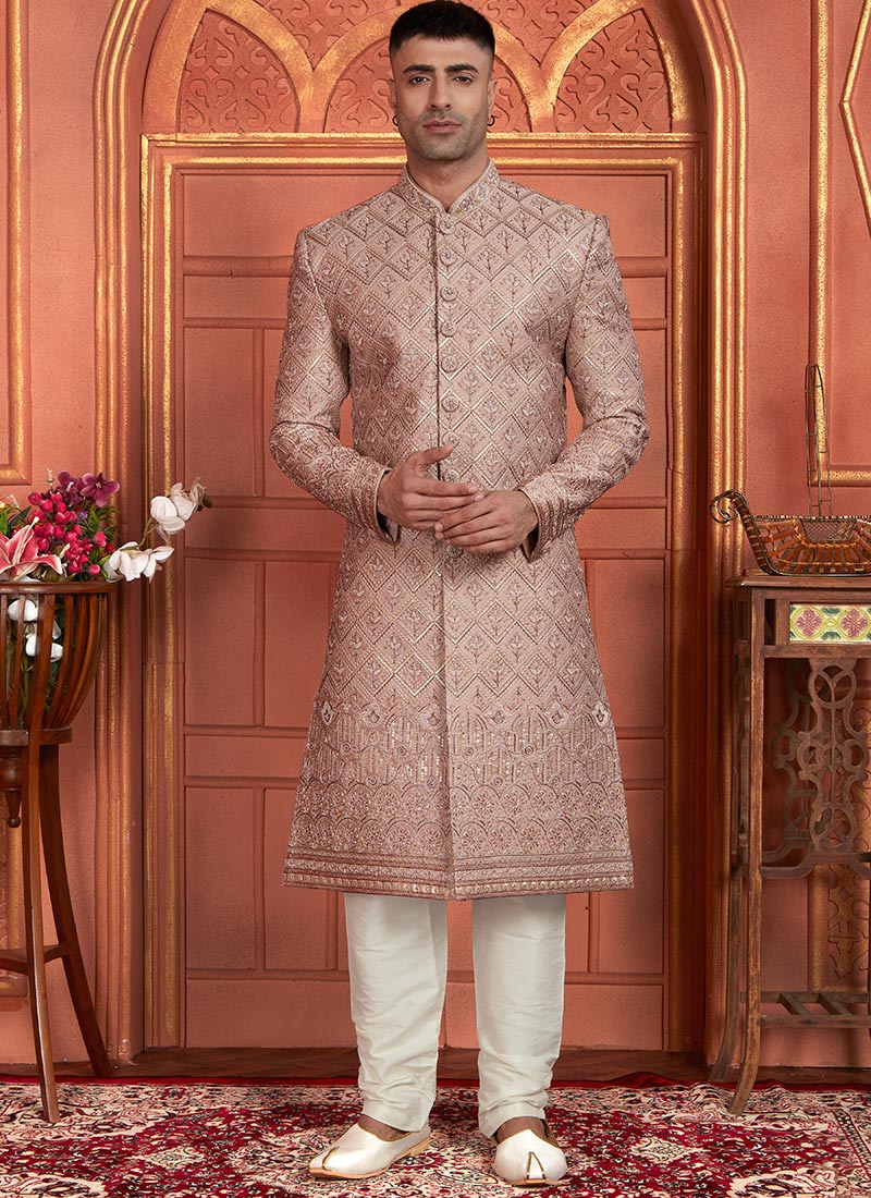 Regal Allure Dark Peach Silk Classic Sherwani With Sequins Embroidery Wedding Wear
