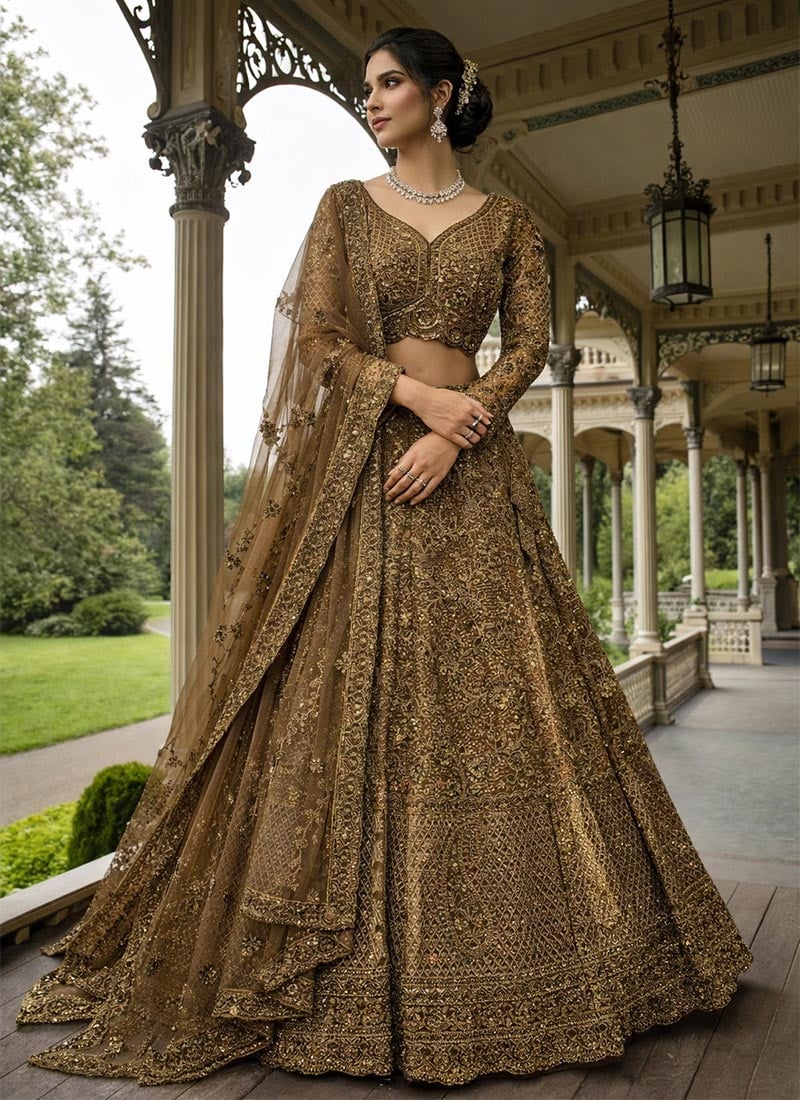 Regal Antiqua Gold Net Sequins Embroidered Umbrella Lehenga Wedding Wear