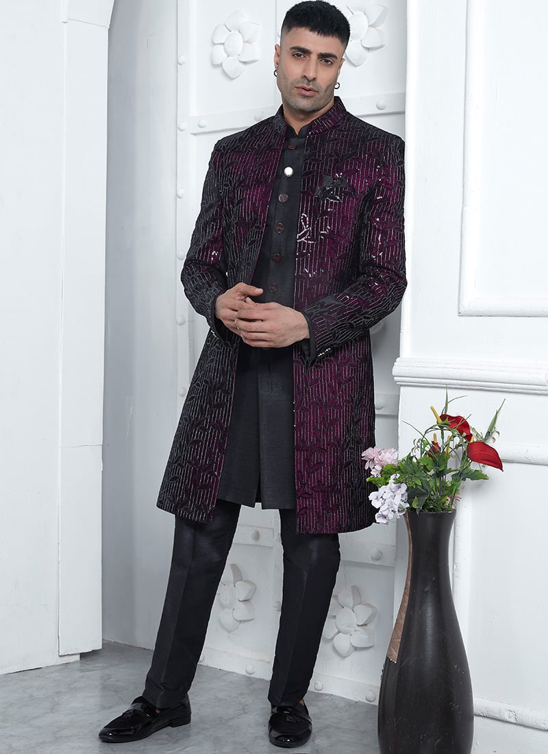 Regal Appeal Black Velvet Sequins Embroidered Indowestern Sherwani Wedding Wear
