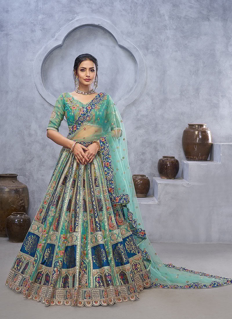 Regal Banarasi Silk Green Lehenga With Exquisite Zari And Embroidered Stone Sequins Wedding Wear