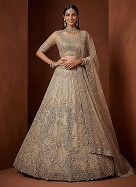 Regal Beige Net Fancy Zari Dori Sequence Embroidery Work Umbrella Lehenga