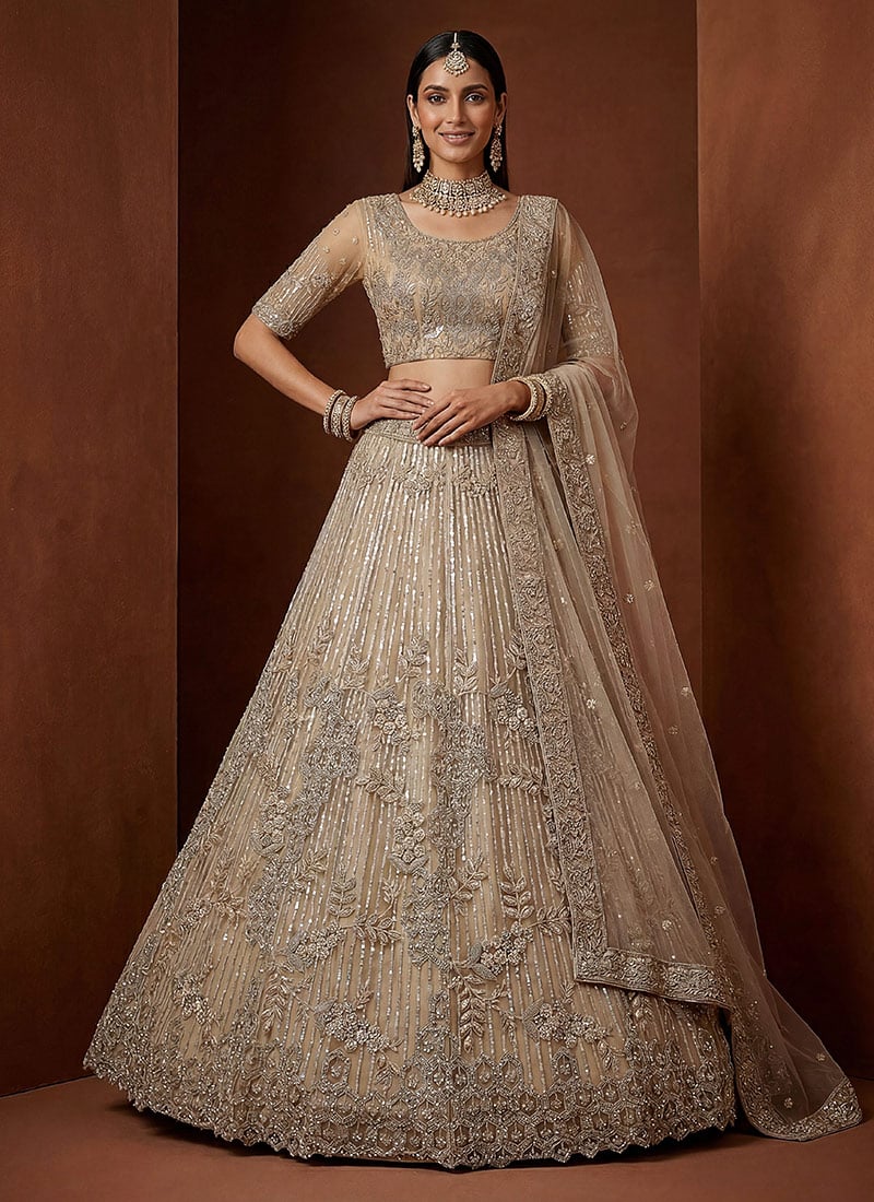 Regal Beige Net Fancy Zari Dori Sequence Embroidery Work Umbrella Lehenga Wedding Wear