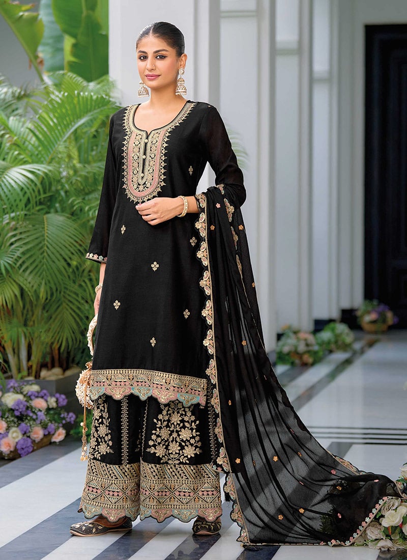 Regal Black Chinon Embroidered Sequins Palazzo Suit